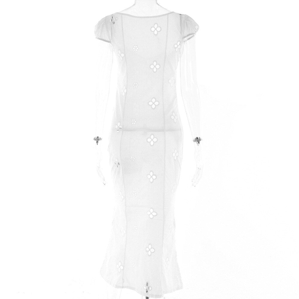 StoreXQ Sexy Hollow Out Midi Dress for Women Summer Elegant Chic V-Neck Slim Party Dress White Short Sleeve Casual Dress