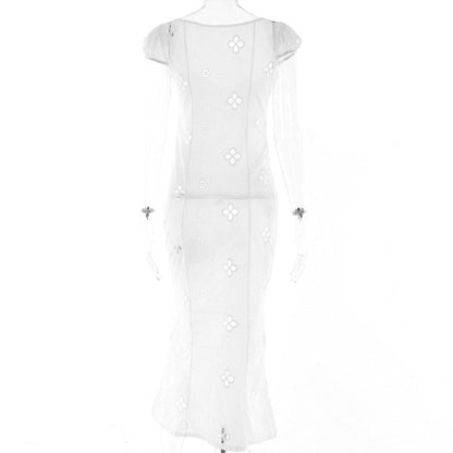 StoreXQ Sexy Hollow Out Midi Dress for Women Summer Elegant Chic V-Neck Slim Party Dress White Short Sleeve Casual Dress