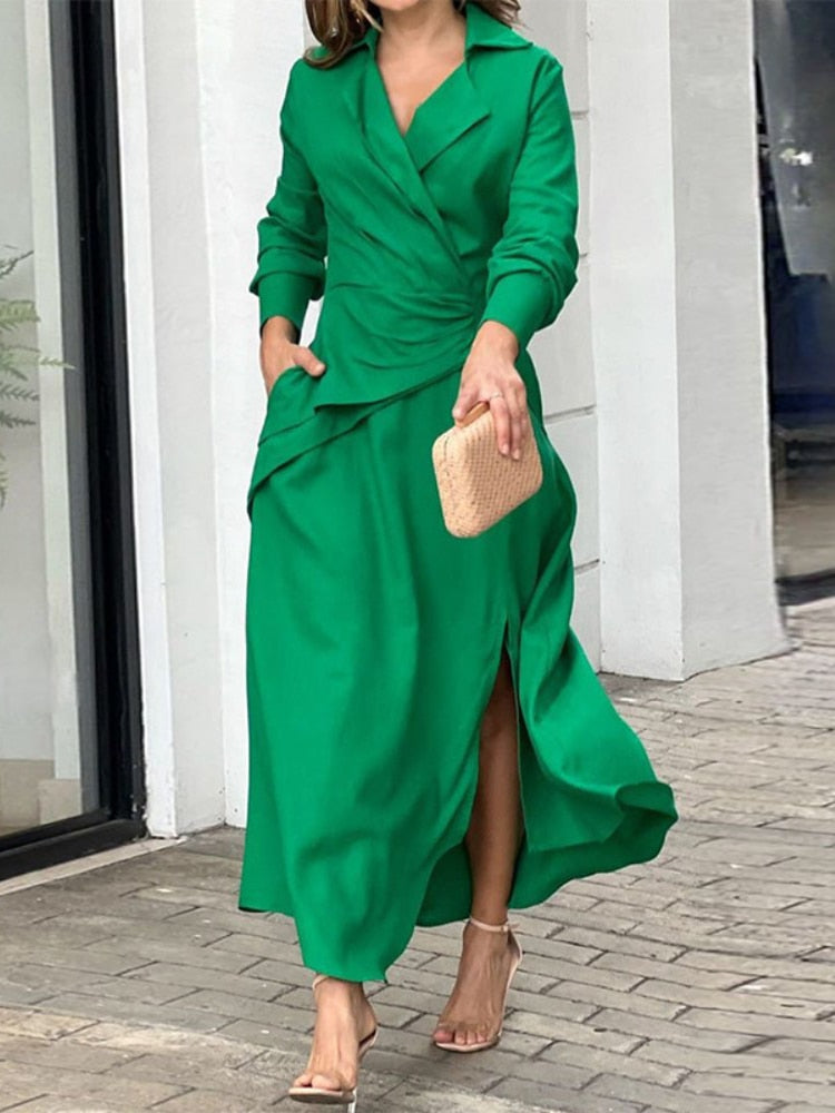 StoreXQ Green Women Dress Elegant Spring Summer Long Sleeve V Neck Party Dresses with Slit Pleated Beach A-LINE Maxi Dress for Women