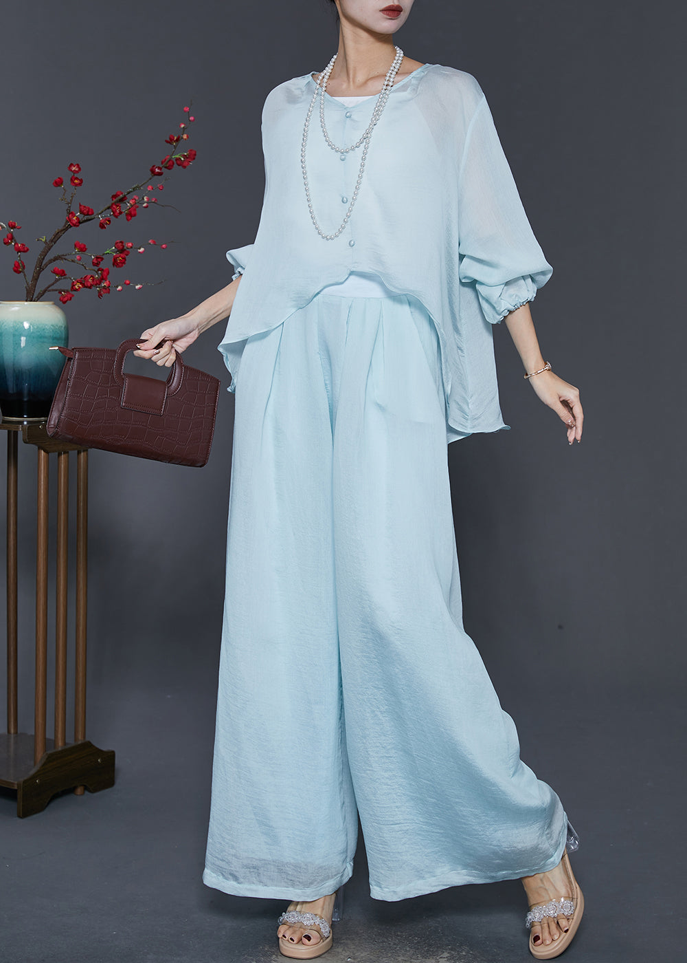 peopleterritory Sky Blue Silk Two Pieces Set Oversized Low High Design Spring SD1014