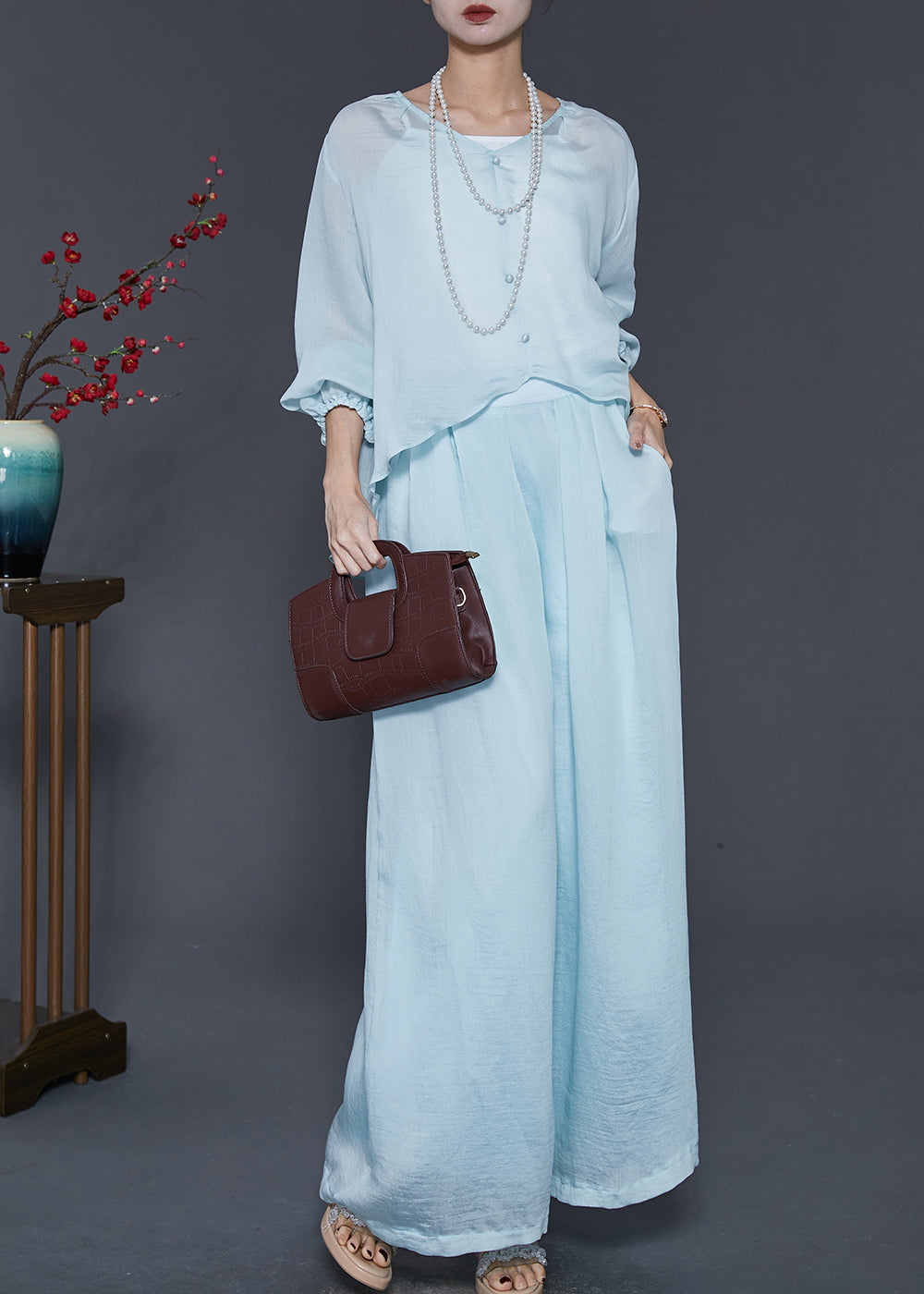 peopleterritory Sky Blue Silk Two Pieces Set Oversized Low High Design Spring SD1014