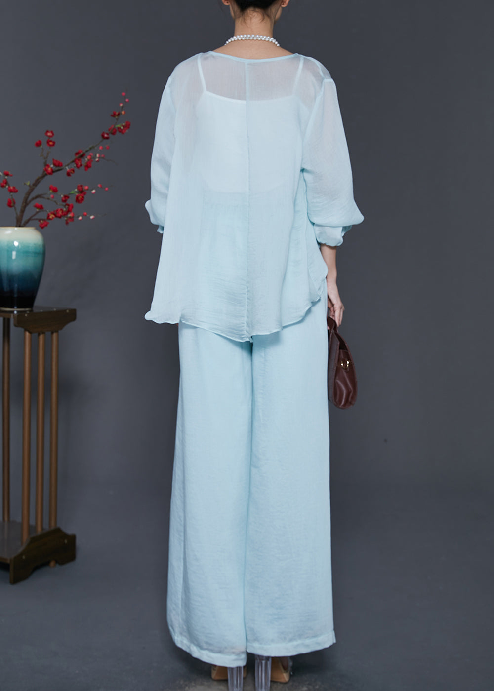 peopleterritory Sky Blue Silk Two Pieces Set Oversized Low High Design Spring SD1014