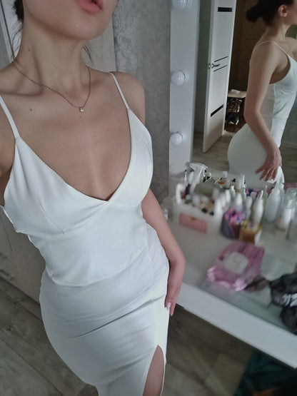 StoreXQ Sexy Backless White Party Dress For Women Spaghetti Strap High Split Slim Sheath  New Spring