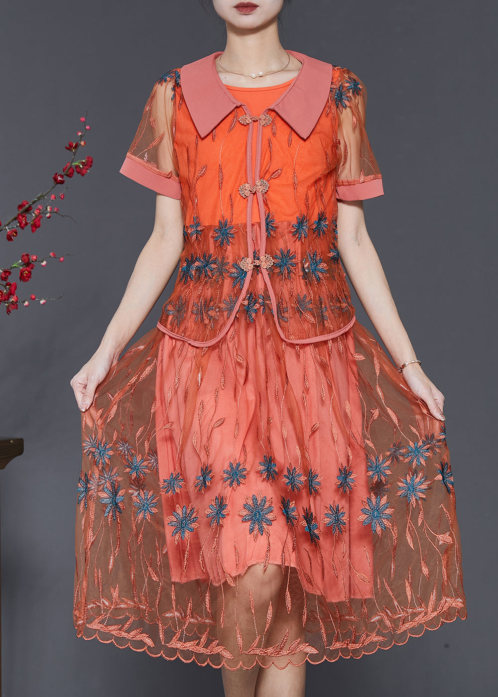 peopleterritory Vintage Orange Embroidered Patchwork Tulle Dresses Two Piece Set Summer SD1061