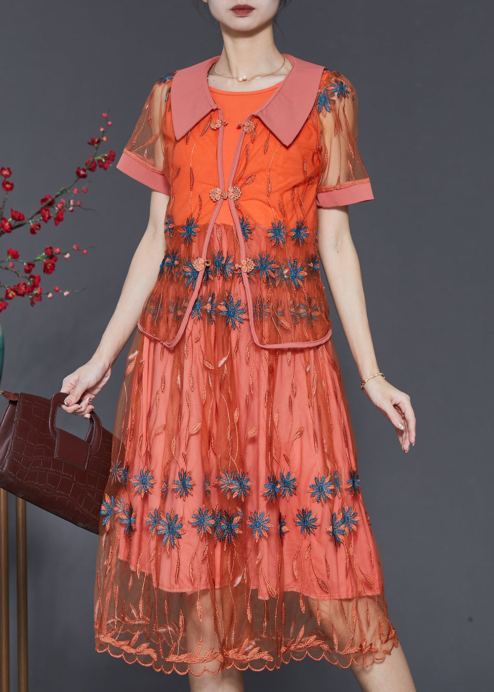 peopleterritory Vintage Orange Embroidered Patchwork Tulle Dresses Two Piece Set Summer SD1061