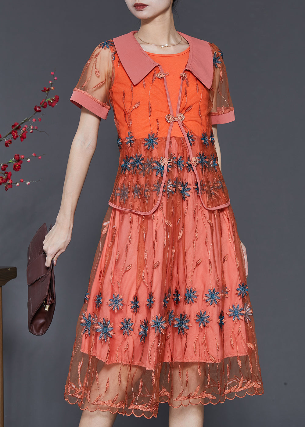 peopleterritory Vintage Orange Embroidered Patchwork Tulle Dresses Two Piece Set Summer SD1061