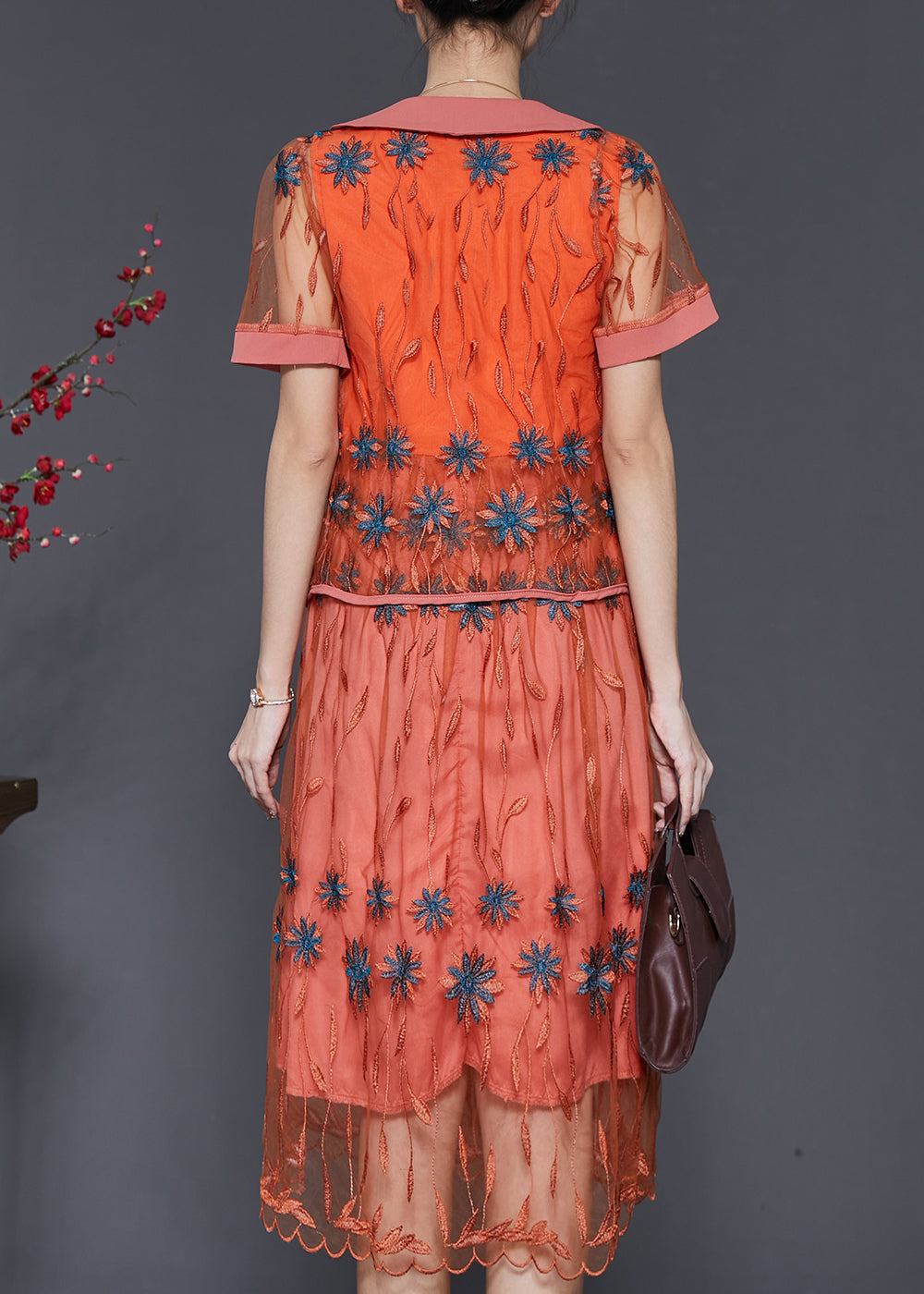 peopleterritory Vintage Orange Embroidered Patchwork Tulle Dresses Two Piece Set Summer SD1061