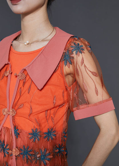 peopleterritory Vintage Orange Embroidered Patchwork Tulle Dresses Two Piece Set Summer SD1061