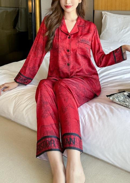 peopleterritory Vogue Red Print Silk Shirts And Wide Leg Pants Two Pieces Set Long Sleeve XS1017