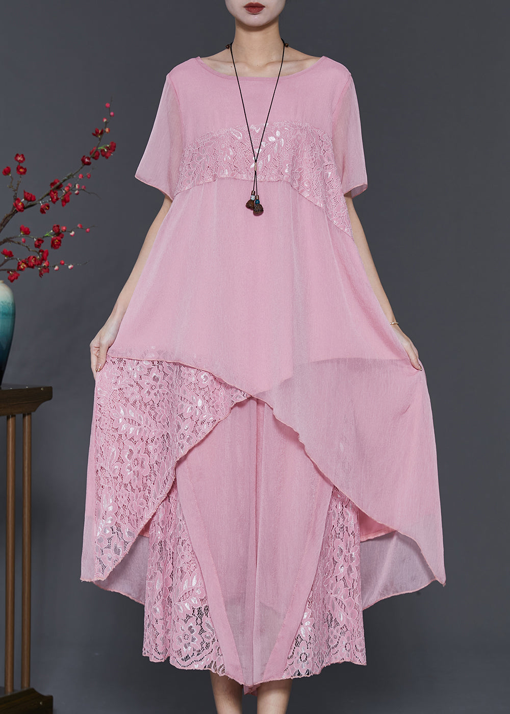 peopleterritory Women Pink Asymmetrical Patchwork Lace Chiffon Two Pieces Set Summer SD1043