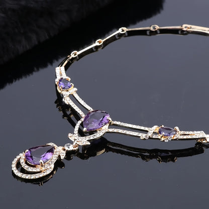 Dangle Earrings + Necklace + Bracelet + Ring Elegant Jewelry Set 18k Gold Plated Inlaid Purple Gemstone Golden Or Silvery Pick A Color U Prefer