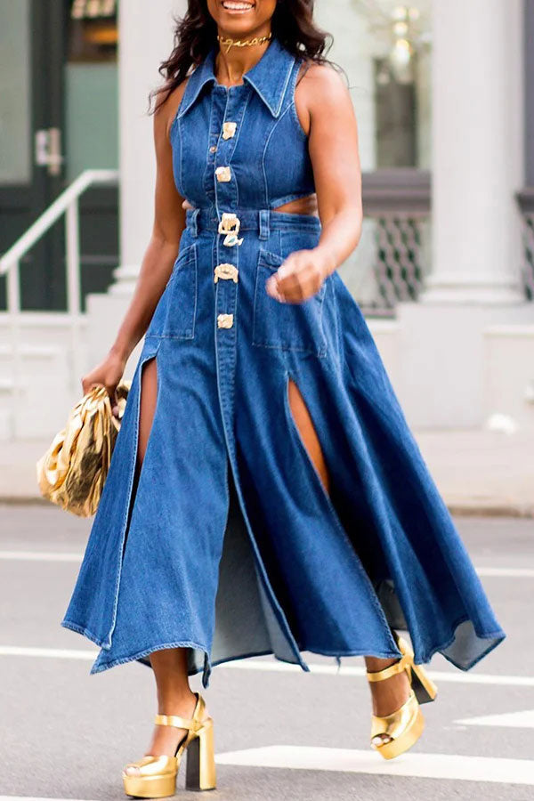 namcoverse Solid Color Urban Cutout High Split Denim Midi Dress