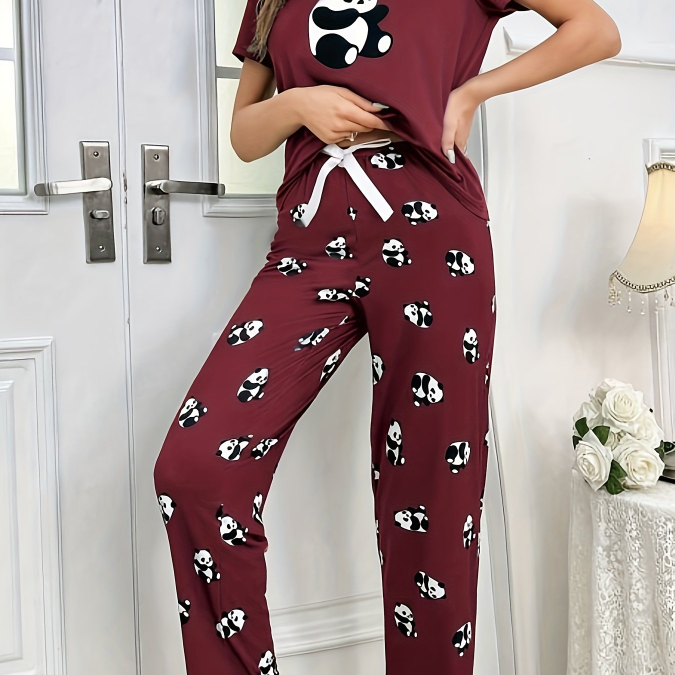 Womens Cute Panda Print Pajama Set - Short Sleeve Round Neck Top & Elastic Pants - Lightweight, Breathable, Perfect for Summer Sleepwear - Cozy, Comfortable Nightwear