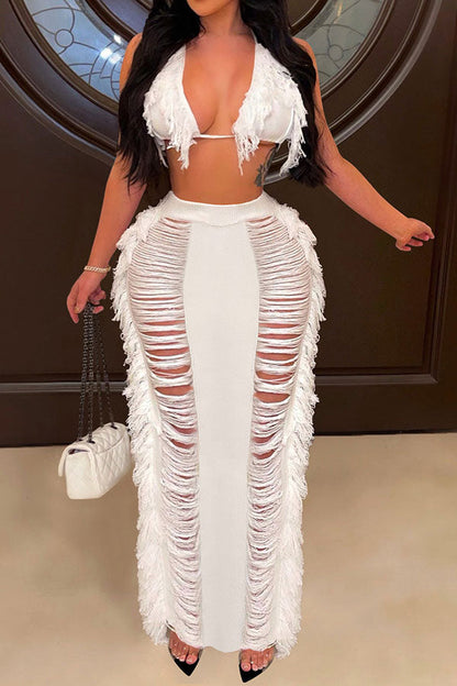 namcoverse Solid Color Ripped On-trend Tassel Dress Suit