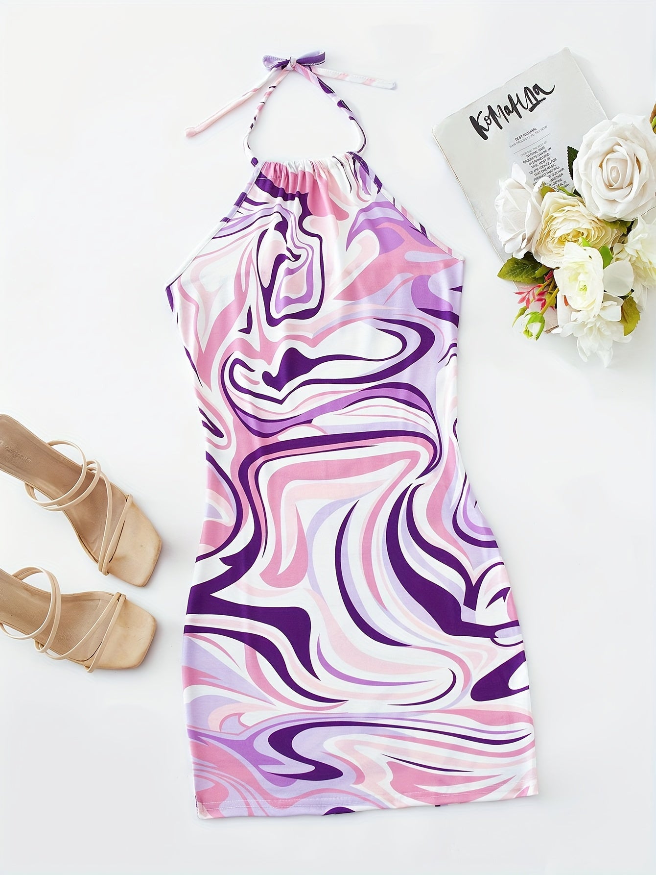 Abstract Print Halter Neck Dress, Elegant Backless Bodycon Dress For Spring & Summer, Women's Clothing