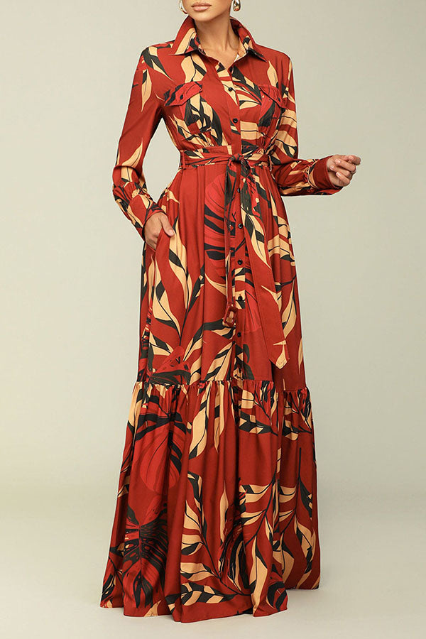 namcoverse Leaf Print Feminine Single Breasted Belted Maxi Dress