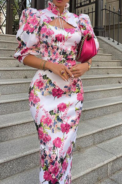 storexq Floral Print Glamorous Mandarin Collar Midi Dress