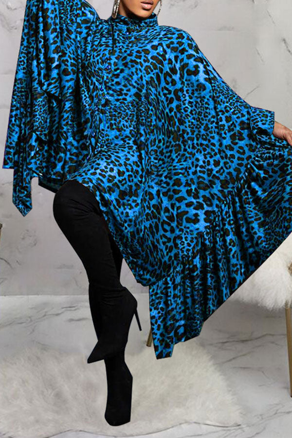 storexq Leopard Print Whimsical Batwing Sleeve Mini Dress