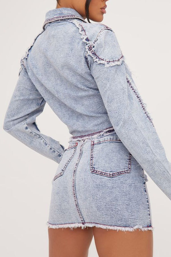 storexq Patchwork On-trend Washed Denim Skirt Suit