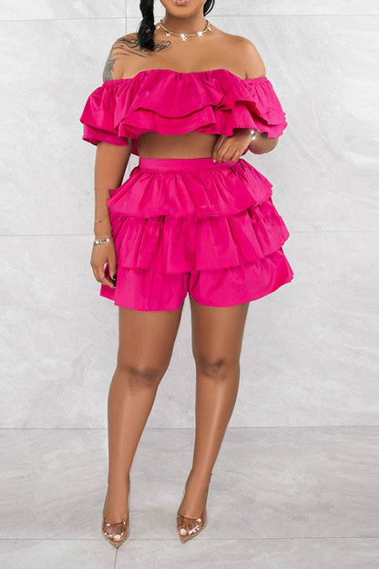 storexq Solid Color Cute Tiered Ruffle Pant Suit