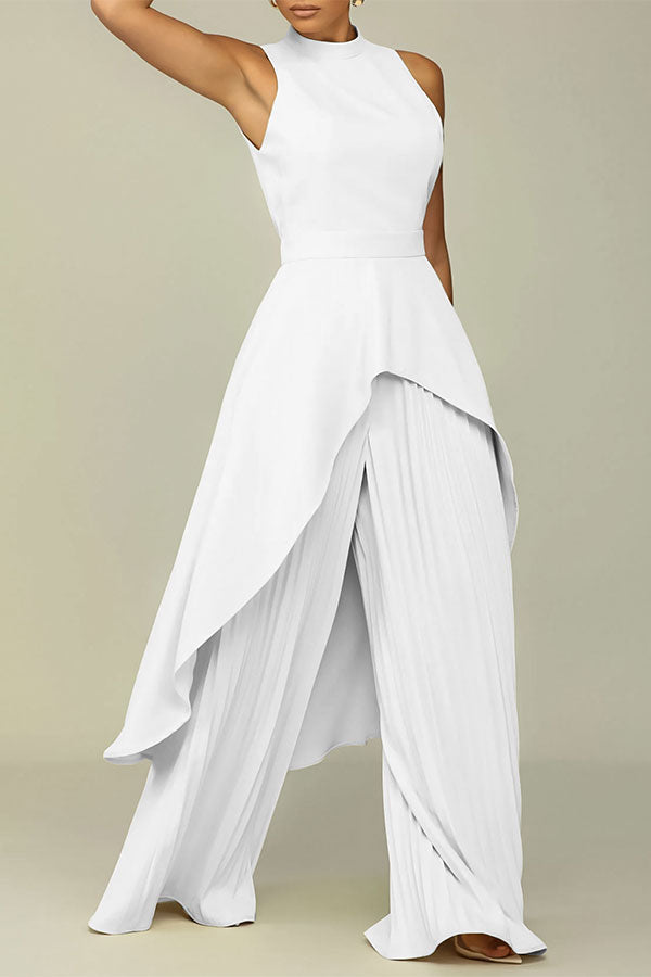 storexq Solid Color Halter Collar Stunning Irregular Pleated Pant Suit