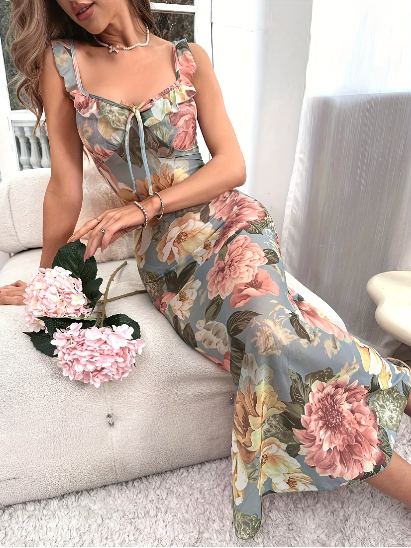 Vibrant Floral Print Semi Sheer Boho Chic Maxi Slip Dress - Comfortable V Neck Backless Design, Mid Elasticity Polyester Fabric, Random Floral Pattern, All Season Wear - Soft, Cozy, and Stylish Sleepwear for Women