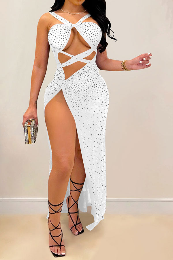 namcoverse Rhinestone Unusual Cutout Strappy Twisted Split Maxi Dress