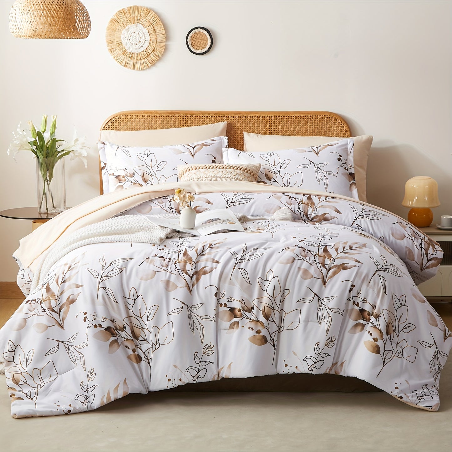 5/7pcs Reversible Golden Leaves Printed Comforter Sets - Luxurious, Stain-Resistant, Hypoallergenic, and Lightweight Bedding for All Seasons - Soft, Breathable, and Durable Twin/Full/Queen/King Size Bed In A Bag with 100% Polyester Filling and Easy Care I