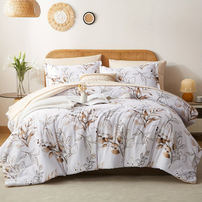 5/7pcs Reversible Golden Leaves Printed Comforter Sets - Luxurious, Stain-Resistant, Hypoallergenic, and Lightweight Bedding for All Seasons - Soft, Breathable, and Durable Twin/Full/Queen/King Size Bed In A Bag with 100% Polyester Filling and Easy Care I