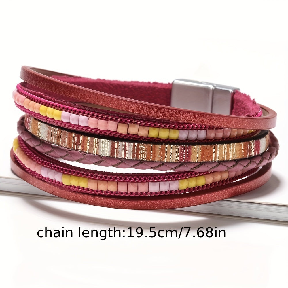 1pc Bohemian Multilayer Faux Leather Bracelet - Chic Magnetic Clasp - Versatile Accessory for Casual & Party Wear