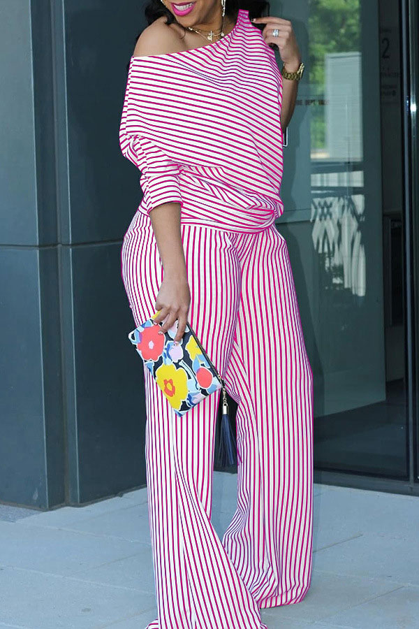 storexq Hit Color Striped Slash Neck On-trend Pant Suit