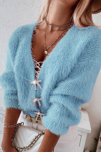 namcoverse Rhinestone Bow Decor Chic Solid Color Cardigan