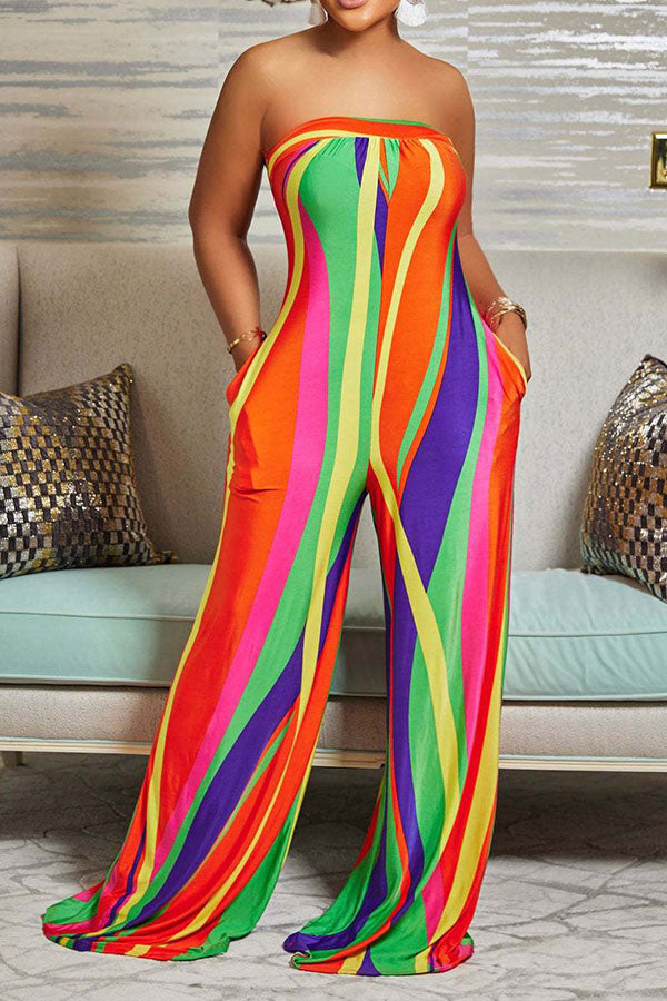 storexq Colorful Striped Tie Back Wide Leg Jumpsuit