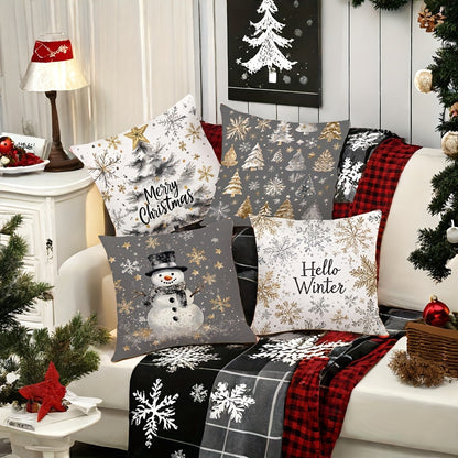 Contemporary 4-Pack Christmas Throw Pillow Covers 17.7" - Polyester, Zippered, Machine Washable, Festive Golden & Gray Print for Living Room Decor - Snowman, Trees, Winter Designs, Woven Pillowcases (No Pillow Core)