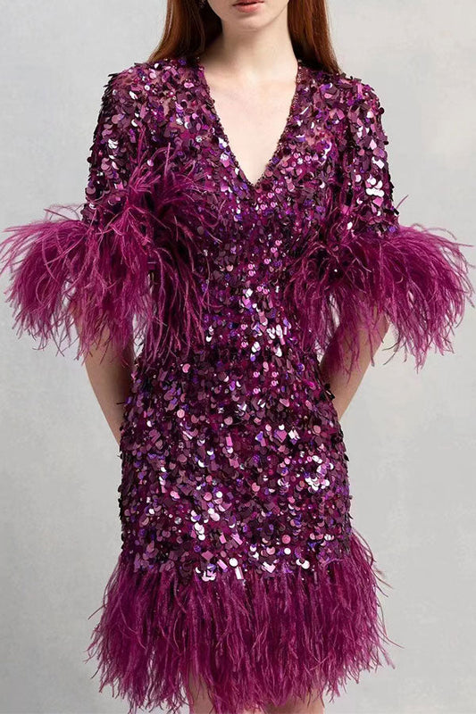 storexq Sequined Sparkly Feather Patchwork Mini Dress