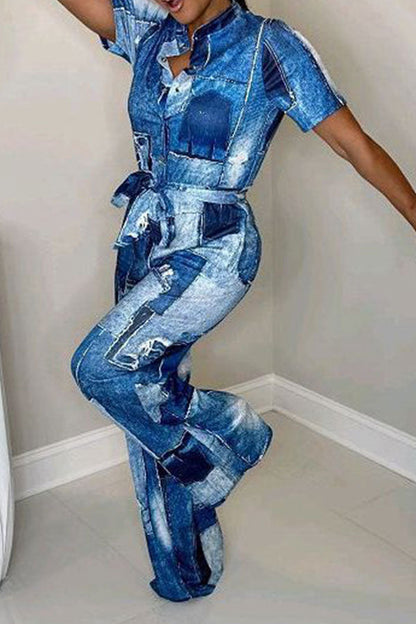 storexq Denim Print Casual Belted Jumpsuit