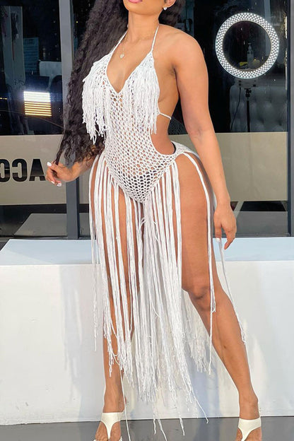 storexq Solid Color Backless Beachy Crochet Tassel Romper