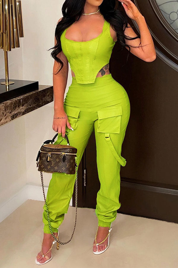 storexq Solid Color Modern Harem Pocket Pant Suit