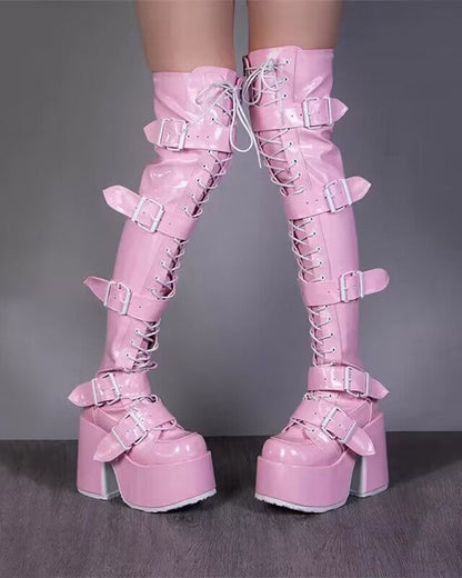 storexq Buckled Design Whimsical Strappy Chunky Boots