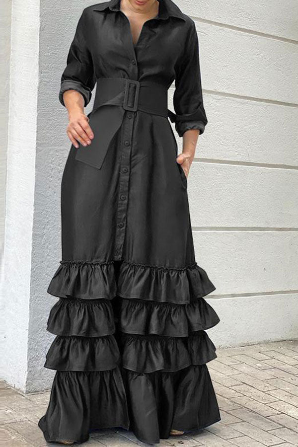 storexq Solid Color Pretty Belted Tiered Ruffle Maxi Dress