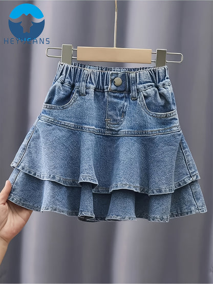 Tiered Ruffle Skirt - Soft Cotton Denim, Stretchy Elastic Waistband, Adorable Button Accents - Perfect for Girls, Latest Summer  Fashion, Cute and Playful Style, Youthful Casual Wear