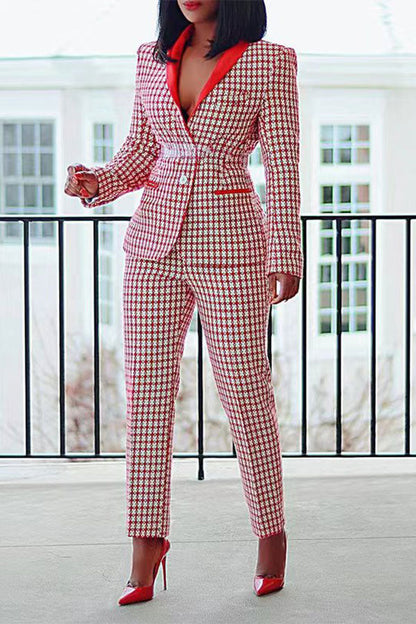 storexq Houndstooth Shawl Collar Feminine Pant Suit