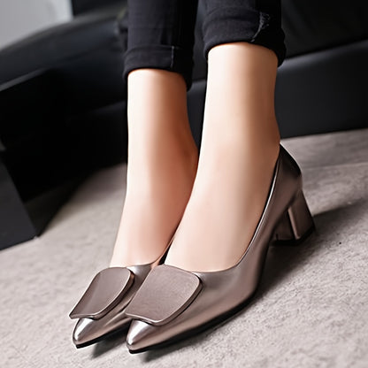 Chic Square Buckle Pumps - Solid Color Pointed Toe Design - Comfortable Chunky Heels for All-Occasion Stylish Work Wear