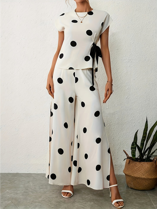 Fashionable Polka Dot Pantsuit Outfit - Soft Crew Neck Top with Back Keyhole & Knot Detail, High Waist Split Pants - A Stylish, Comfortable Wardrobe Staple for Trendy Women