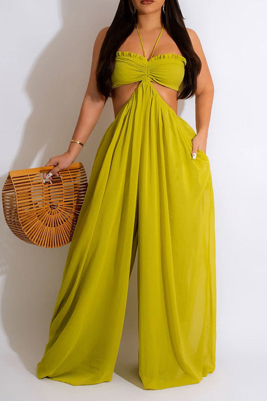 storexq Solid Color Rocking Open Back Wide Leg Jumpsuit