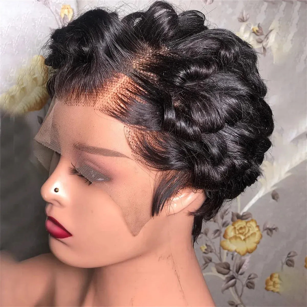 Perubian Virgin Hair Bob Wig Human Hair 13x4 Frontal Lace Wig Pixie Cut Wig 180% Density Short Bob Curly Pre Plucked 13x4 Lace Front Wigs