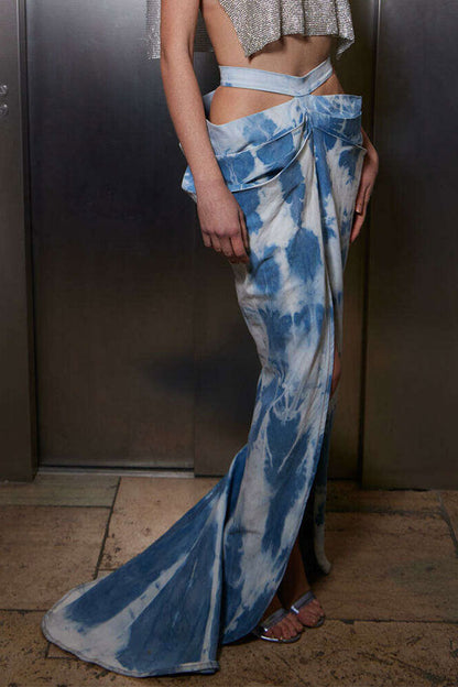 storexq Tie Dye Unique Cutout Draped High Split Trailing Skirt