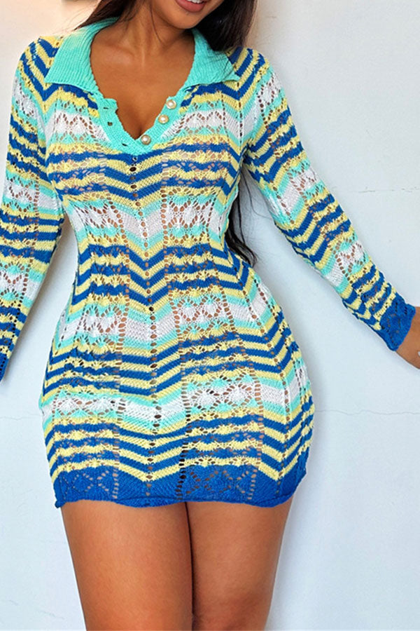 storexq Zig Zag Preppy Polo Neck Knitted Mini Dress