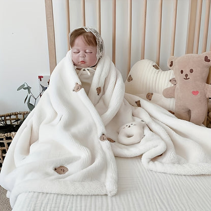 Embroidered Baby Bear Throw Blanket, Micro Minky Warm Swaddle for Newborns, Infants & Toddlers 0-3 Years - Cozy Outdoor Wrap for Babies