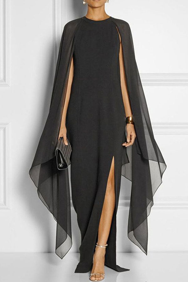 storexq Solid Color Modern Cape Sleeve Irregular Maxi Dress